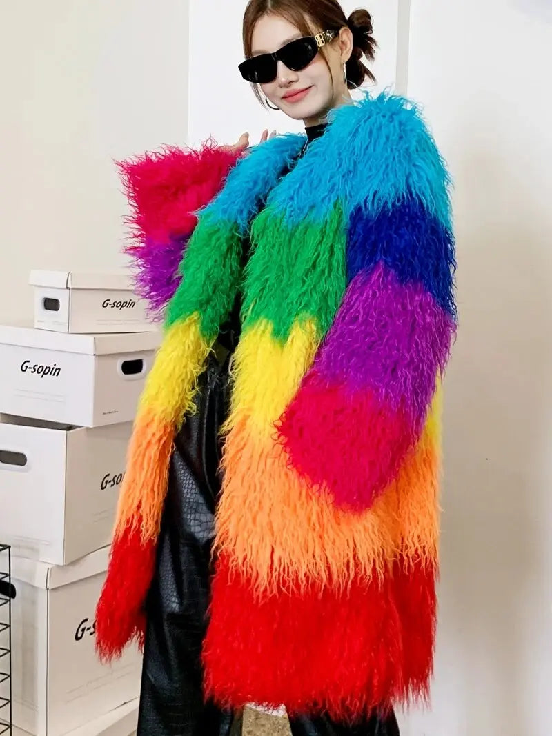Niche Rainbow Winter Faux Fur Coat Loose Splicing Contrast Color Long Jacket Shaggy Outerwear Women's Clothing Free Shipping eprolo