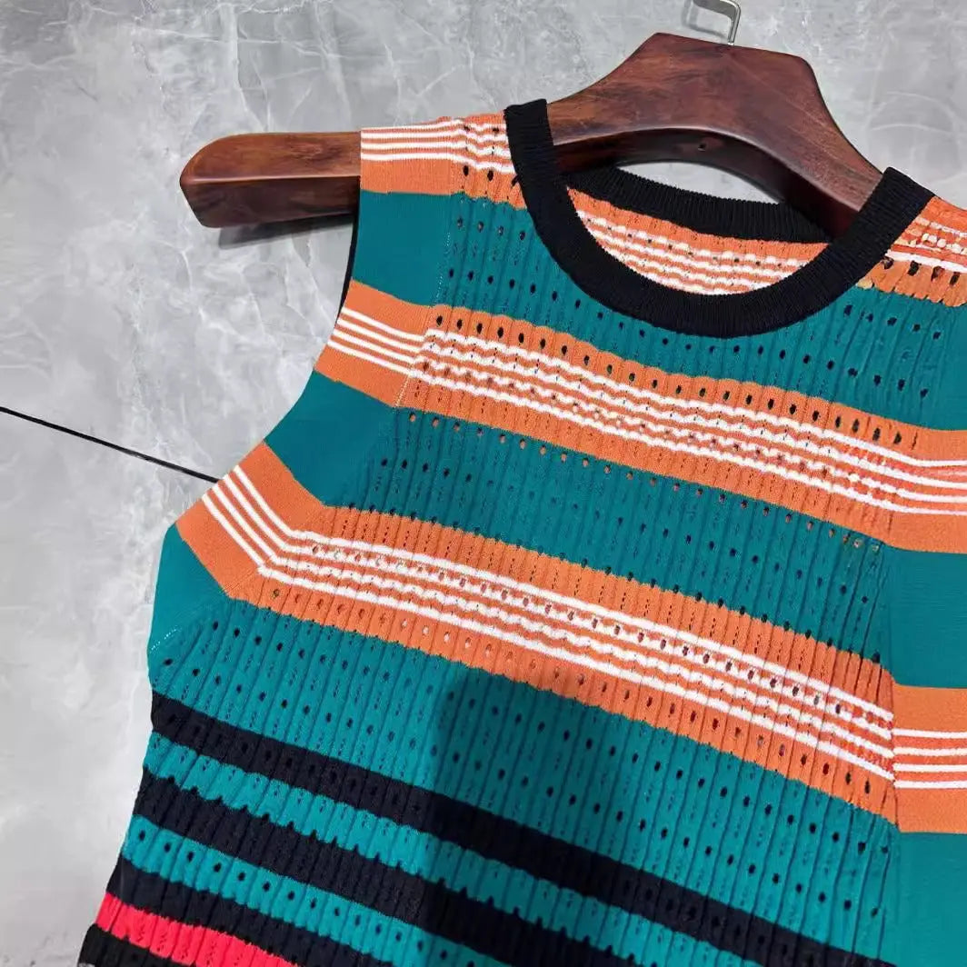 Colorful horizontal striped jacquard woven slim fitting sleeveless knitted dress eprolo