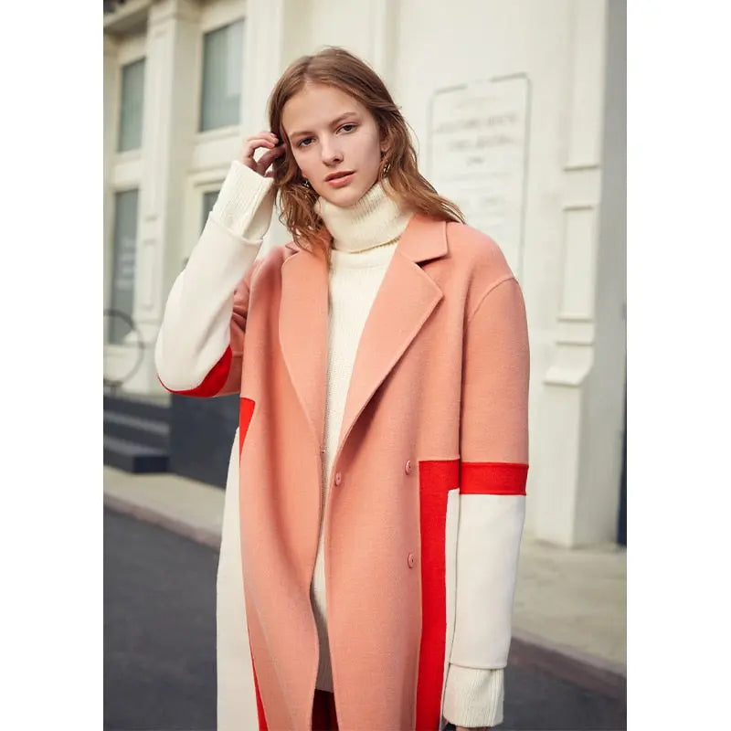 Show High Stitching Collision Color Niche Design Sense Double-Sided Wool Long Coat Female Winter eprolo