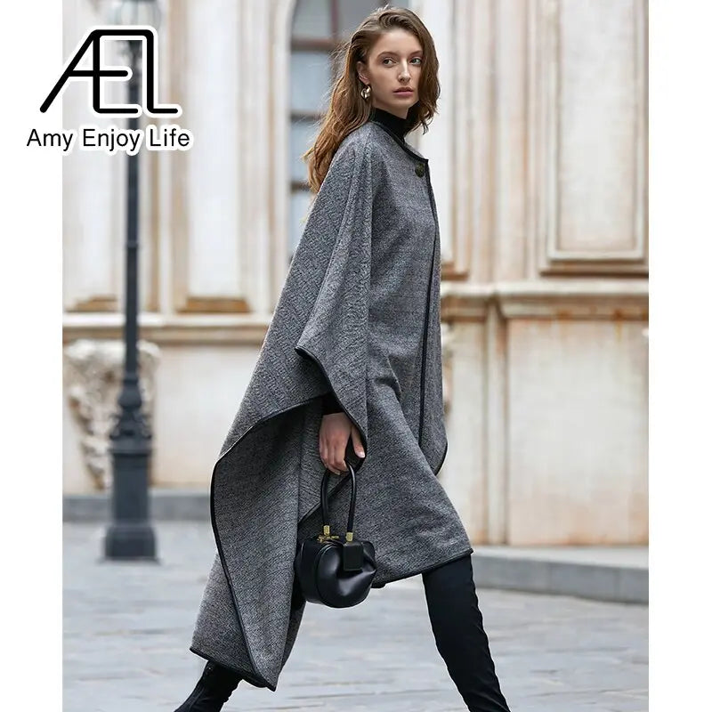 Medium Long Cape Style Street Woolen Coat New Herringbone Pattern Cloak Coat For Women In Winter eprolo