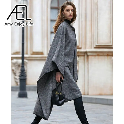 Medium Long Cape Style Street Woolen Coat New Herringbone Pattern Cloak Coat For Women In Winter eprolo