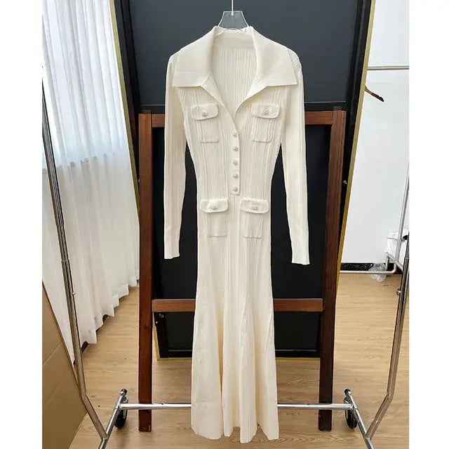 Ivory fishtail maxi dress delicate and elegant ribbed knit long sleeve stretch slim wrap Womens dresses  spring new eprolo