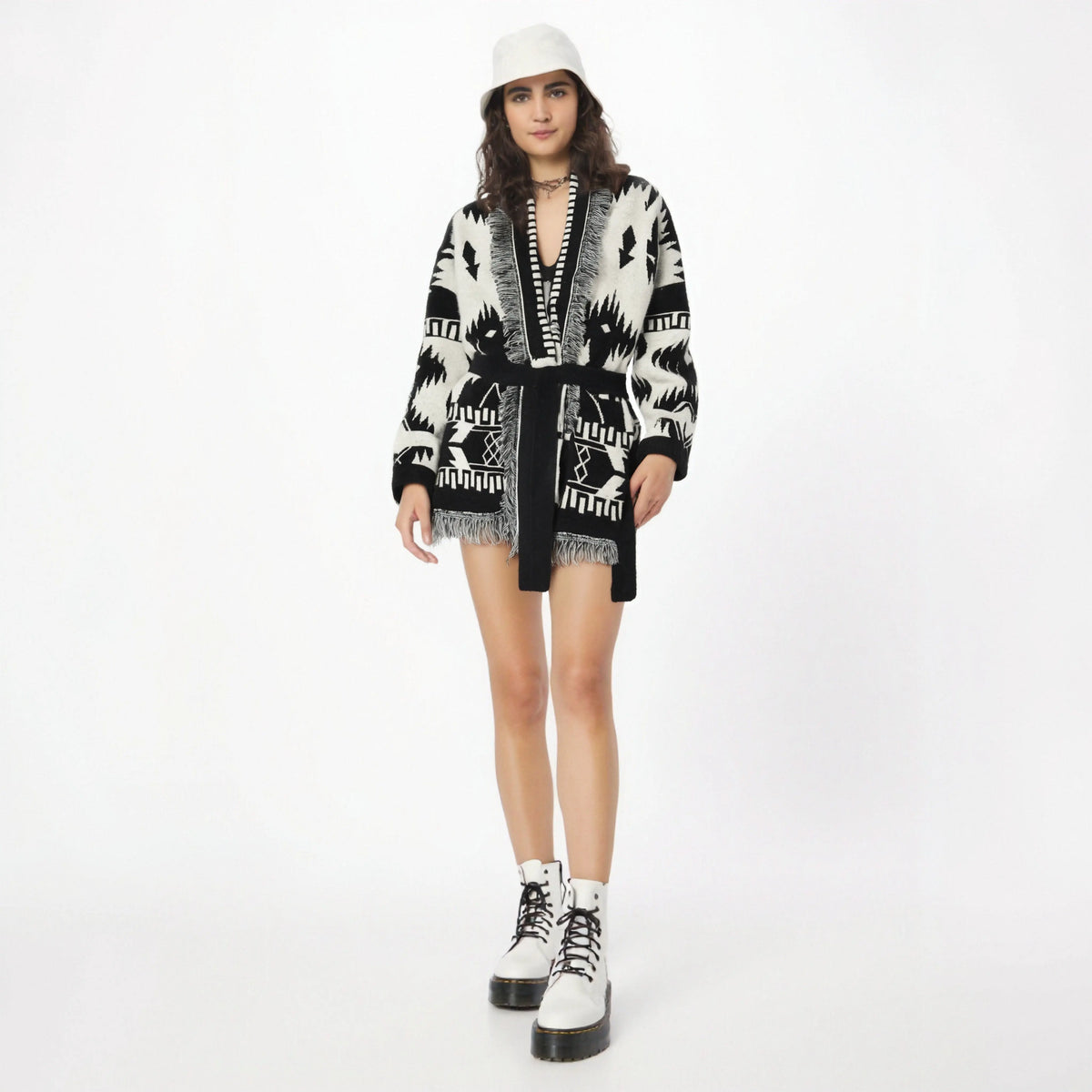 Retro tassel cashmere cardigan women's V-neck knitted cardigan sweater jacket medium long style eprolo