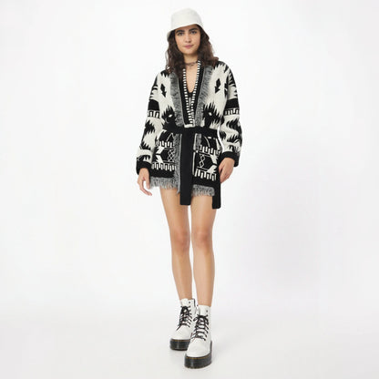 Retro tassel cashmere cardigan women's V-neck knitted cardigan sweater jacket medium long style eprolo