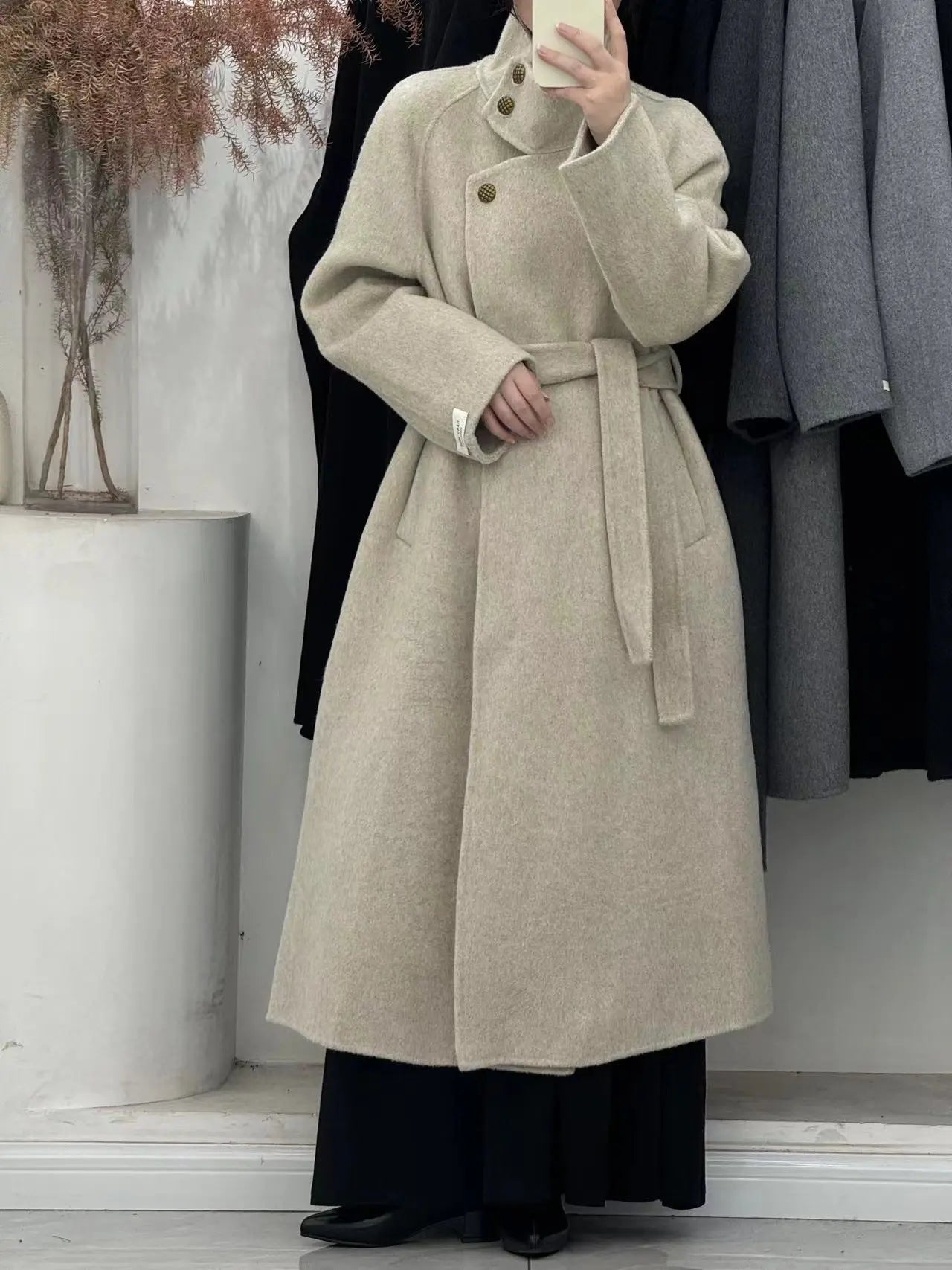 Vintage Hepburn style stand up collar long handmade double-sided wool coat, tall tie up eprolo