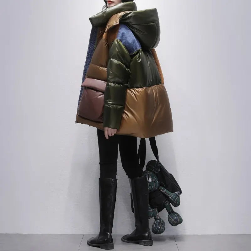 Contrasting Color Denim Stitching Down Jacket Women's Mid Length Winter New Hooded Loose Thin Thickening Trend Coat eprolo