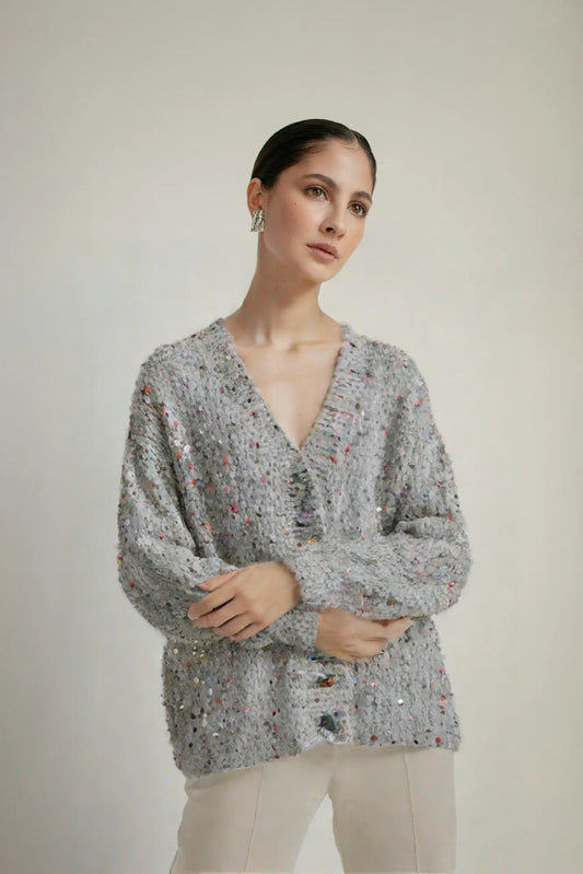 Glitter sweater cardigan women's gray long sleeved sweater lazy style loose French fashion V-neck single breasted sweater eprolo