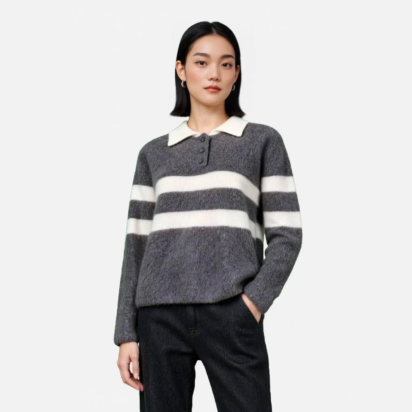 Polo Collar Striped Colorblock Wool Fleece Sweater Women's Loose Fit All-Match Crew Neck Knit Top eprolo