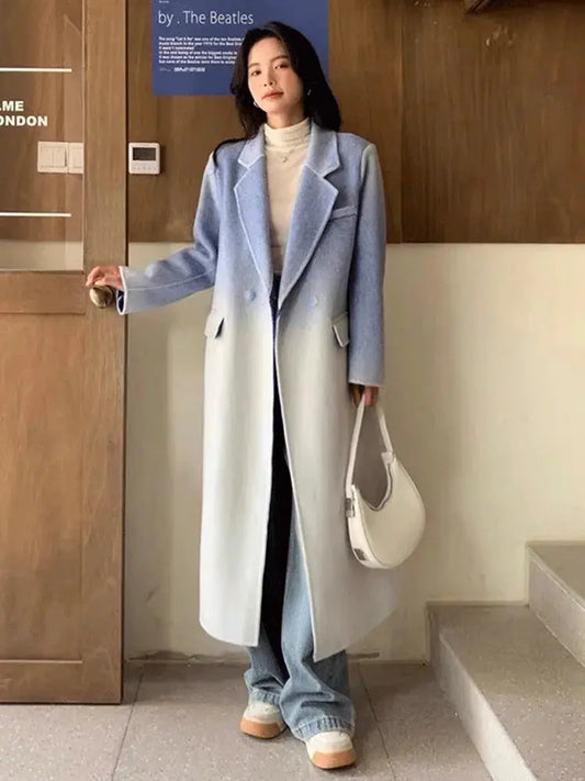 Winter Women Vintage Long Woolen Coat Fashion Long Sleeve Jackets Chic Gradient Outerwear Korean Ladies Casual Overcoat eprolo