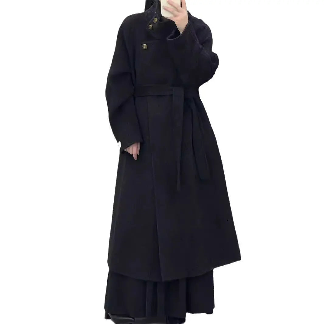 Vintage Hepburn style stand up collar long handmade double-sided wool coat, tall tie up eprolo