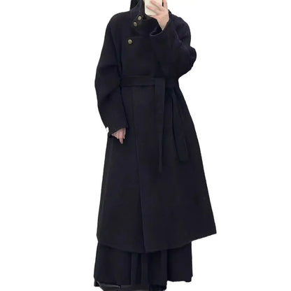 Vintage Hepburn style stand up collar long handmade double-sided wool coat, tall tie up eprolo