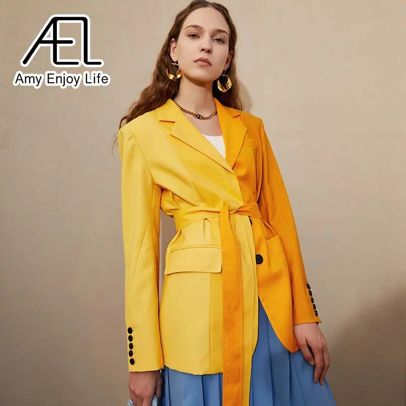 AEL Yellow Blazer Jacket Causal Women Long-Sleeve Loose Coat Color Blocking Fashion Streetwear eprolo