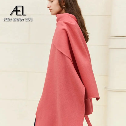 100% Wool Woolen Coat With Belt Spring Autumn Jacket For Women Solid With Scarf Warm Fashion Streetwear eprolo