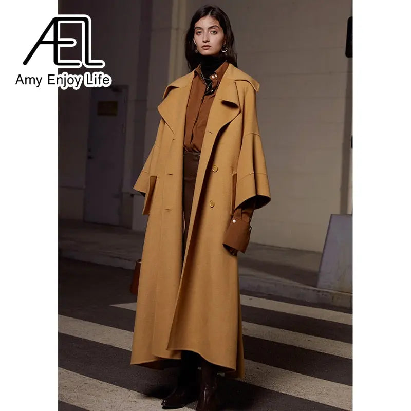 High End Customized Gardenia Yellow Big Cuffs Design Double-Sided Wool Coat Autumn And Winter New Women eprolo