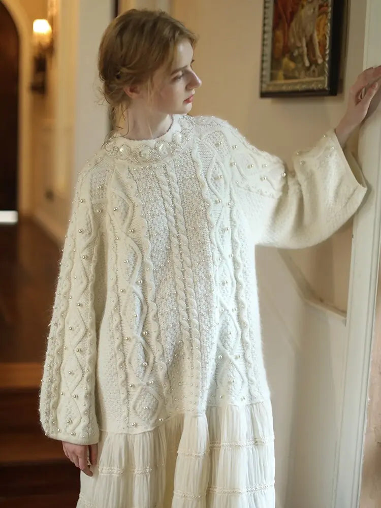 Wool Handmade Beaded Sparkling Elegant Big Skirt False Two-Piece Loose Sweater Dress eprolo