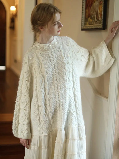 Wool Handmade Beaded Sparkling Elegant Big Skirt False Two-Piece Loose Sweater Dress eprolo