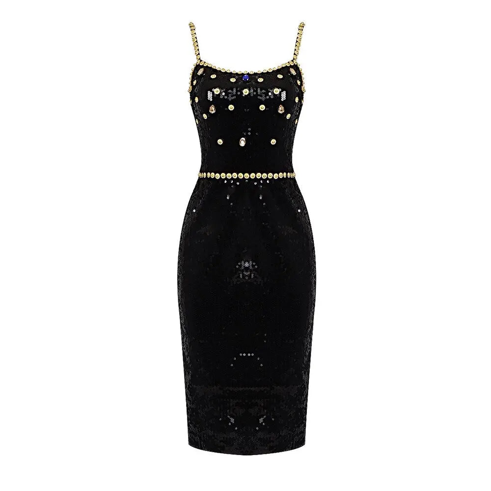 Black Evening Dinner Dress Women Elegant Square Collar Crystal Sequins Spaghetti Strap Dresses eprolo