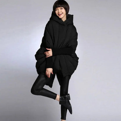 Down Jacket Women's New Mid Length White Duck Down Loose Pocket Hooded Cloak Jacket eprolo