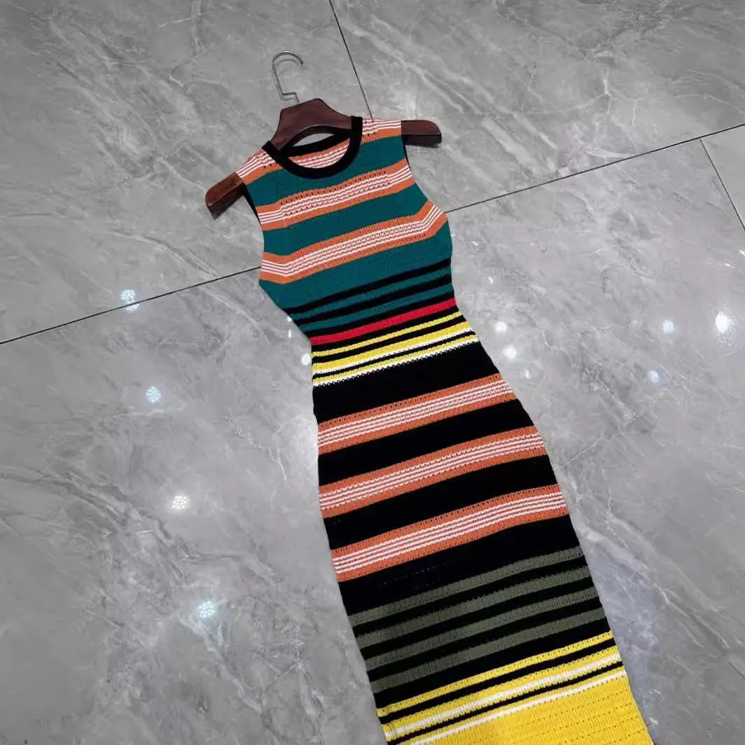 Colorful horizontal striped jacquard woven slim fitting sleeveless knitted dress eprolo