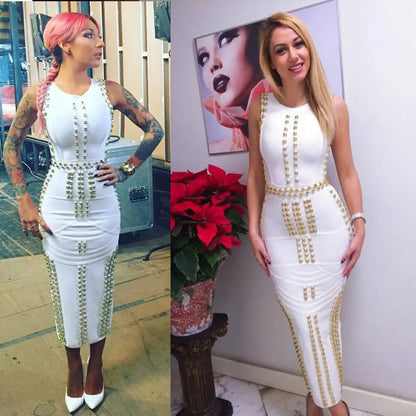 White Sleeveless Metal Ring Adorn Women's Bodycon New Fashion Midi Calf Bandage Dress eprolo