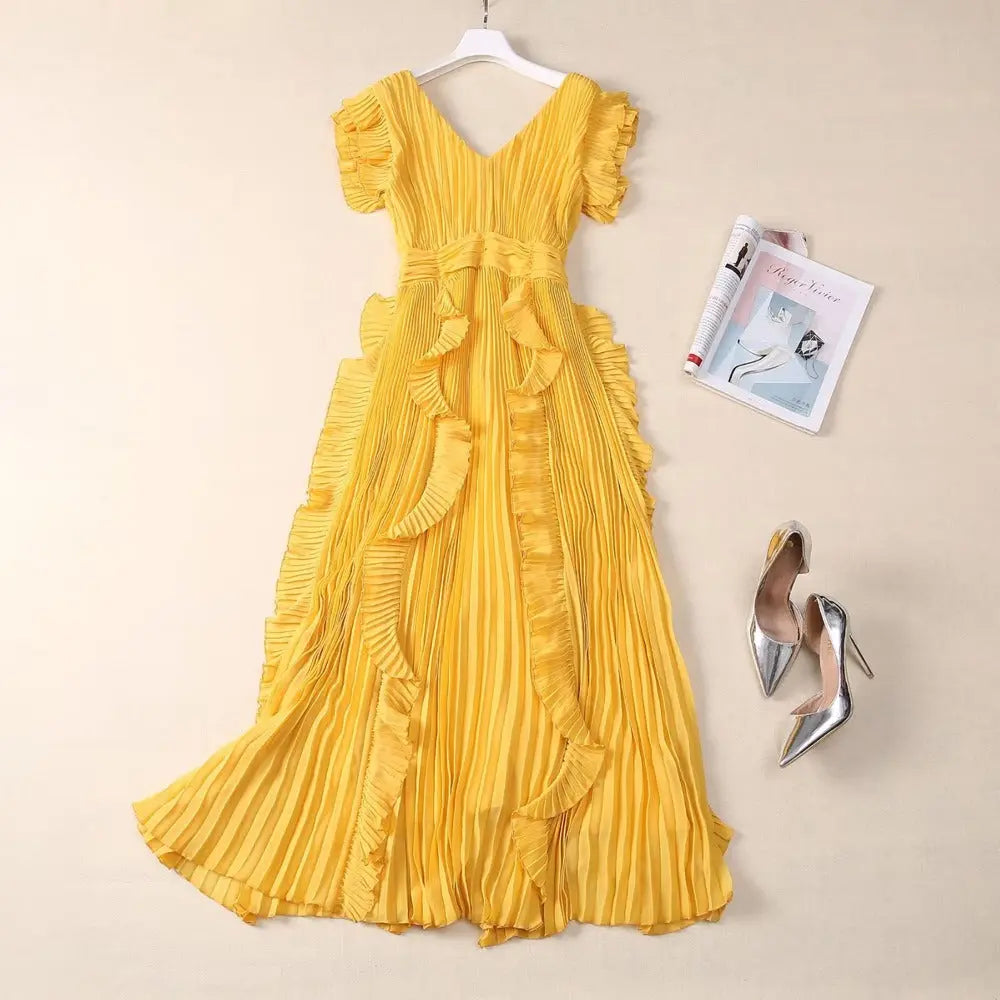 Women's V-neck Qiaoqi pleated wood ear patchwork yellow banquet dress long skirt eprolo
