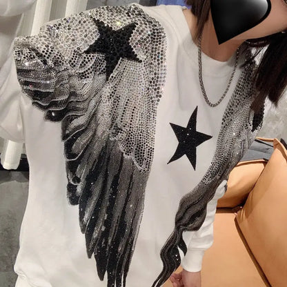 Autumn and winter luxury fashion hoodie for men and women, heavy-duty hot stamping, full diamond, large wings, wings, round neck pullover, couple style eprolo