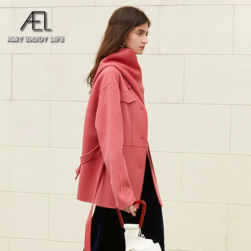 100% Wool Woolen Coat With Belt Spring Autumn Jacket For Women Solid With Scarf Warm Fashion Streetwear eprolo
