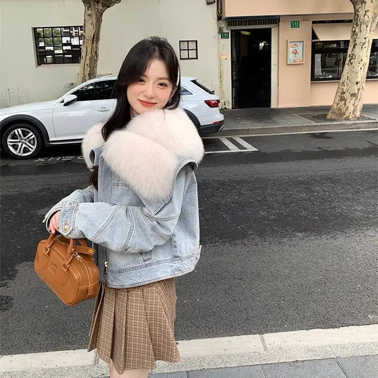 Faux Fur Neck Denim Coat For Women Long Sleeve Blue Patchwork Outwears Warmth Fashion Jacket Autumn Winter New eprolo