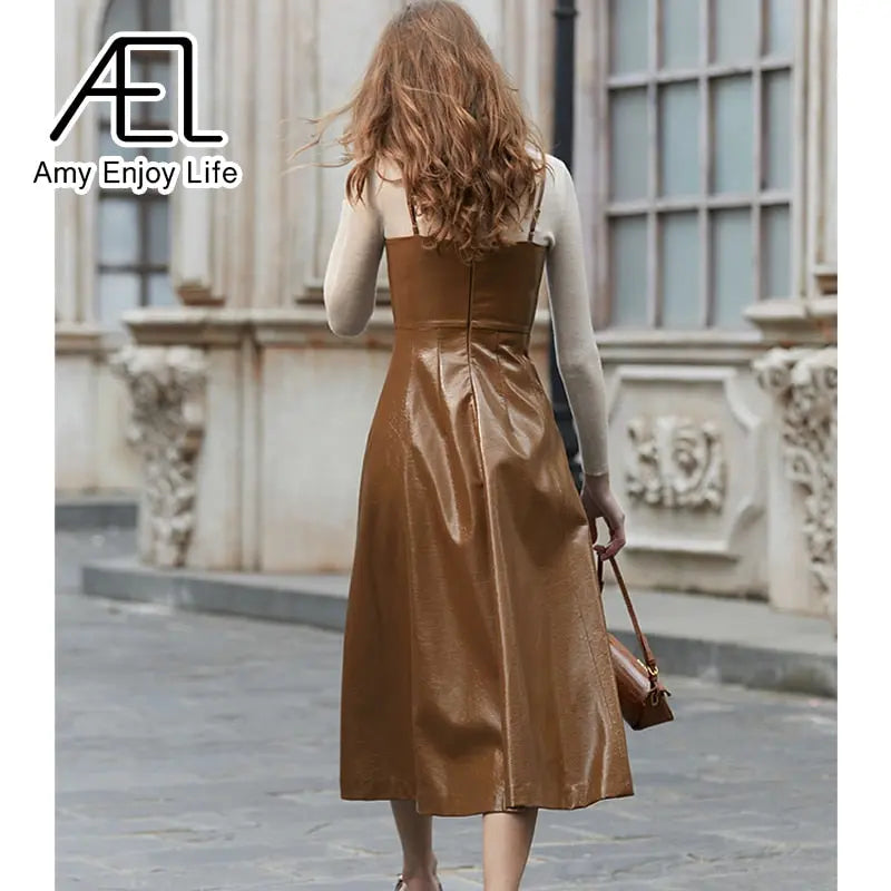 Premium Sense Of Modern Retro Chic High Waist Temperament Slim Halter Leather Lining Dress eprolo