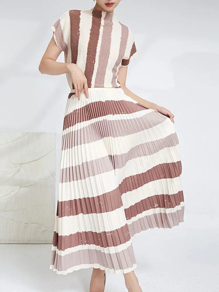 Elegant Pleated 2 Pieces Set Women's Printed Striped Turtleneck Short Sleeves Slim Tops High Waist Fold Skirts eprolo