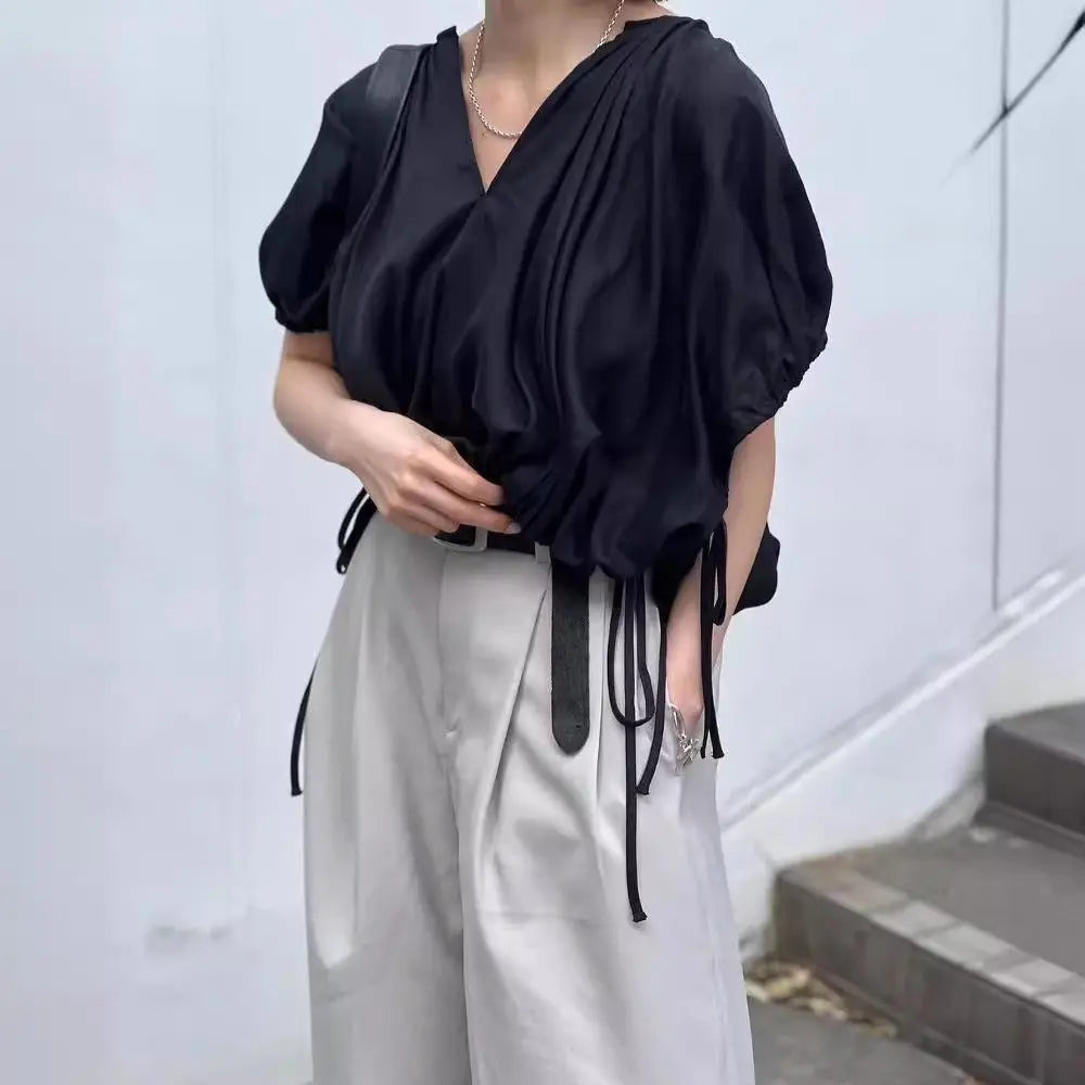 Fashionable French lazy and relaxed one-piece temperament shirt V-neck slimming top eprolo