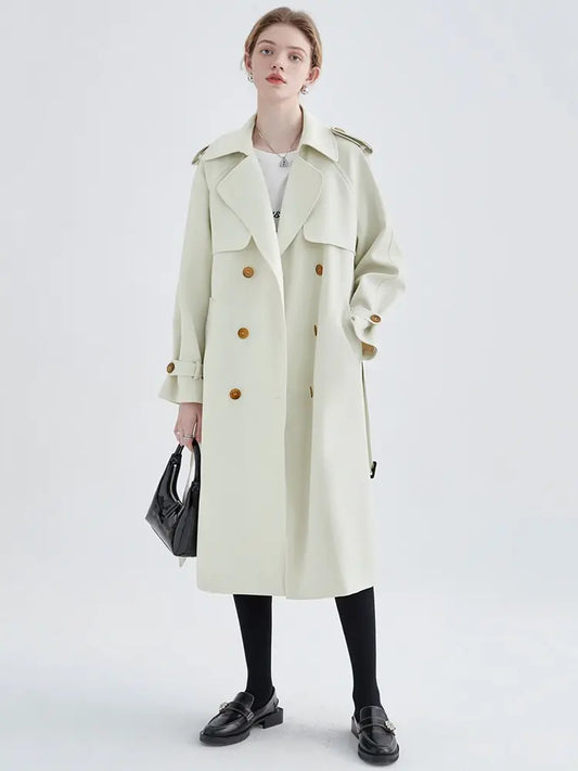 Women White Elegant Big Size Trench New Lapel Long Sleeve Loose Fit Windbreaker Fashion Tide Spring Autumn eprolo