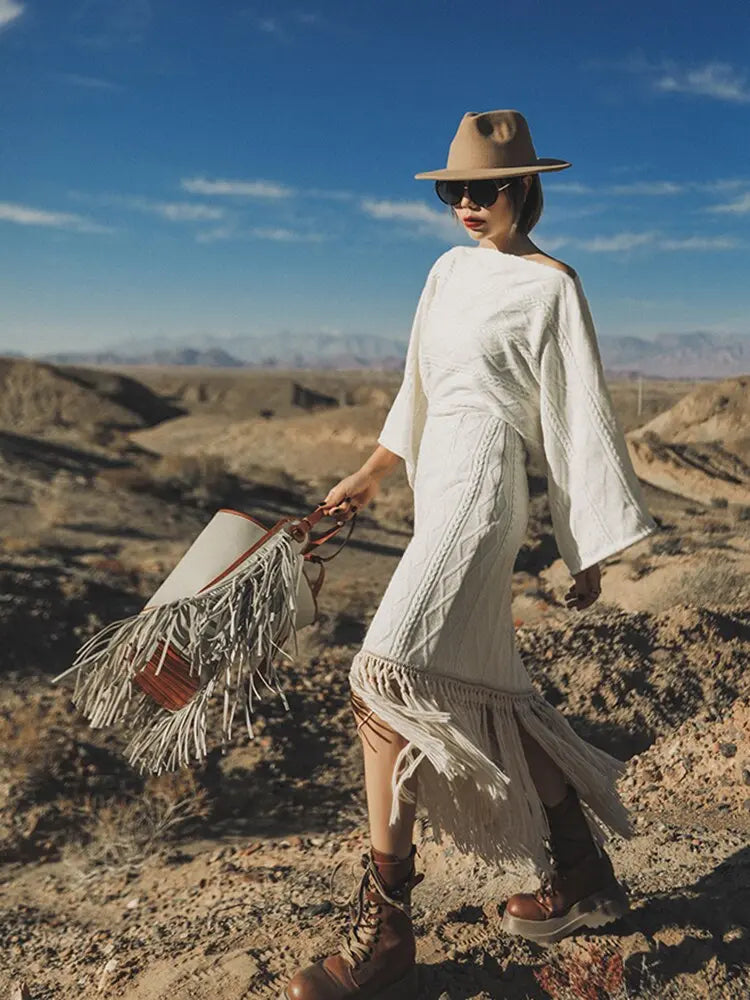 Vintage Versatile Tassel Knitted Dress Women's Spring and Autumn New Style Sweater Long Dress eprolo
