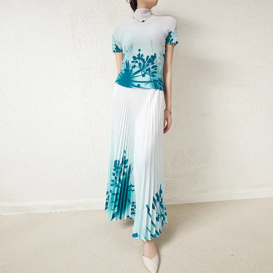 New Pleated Top Printed Skirt Fashion Two-Piece Set eprolo