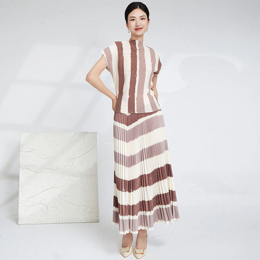 Elegant Pleated 2 Pieces Set Women's Printed Striped Turtleneck Short Sleeves Slim Tops High Waist Fold Skirts eprolo