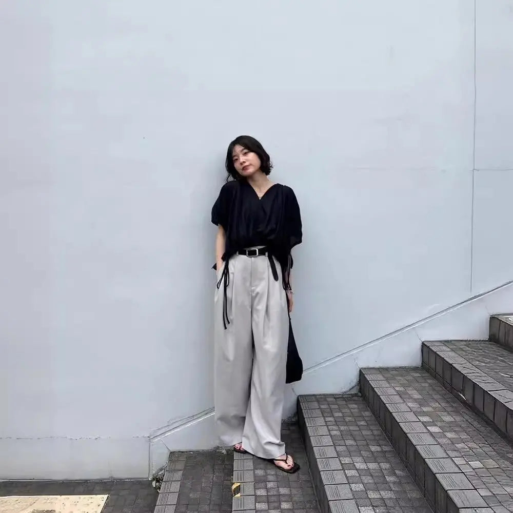 Fashionable French lazy and relaxed one-piece temperament shirt V-neck slimming top eprolo