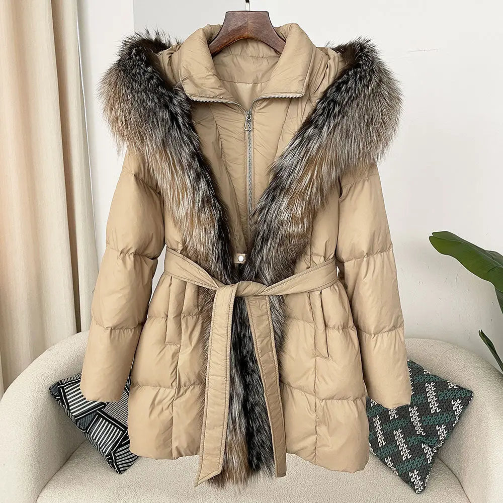 Hooded down jacket women's fox fur collar eprolo