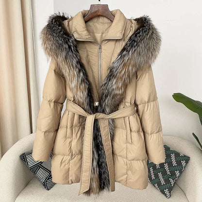 Hooded down jacket women's fox fur collar eprolo