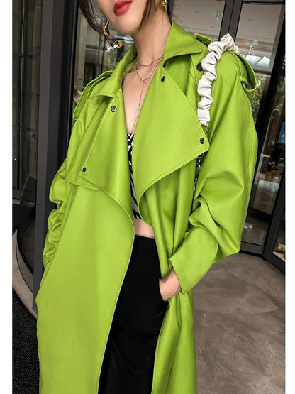 Fluorescent green large lapel mid length lace up loose windbreaker jacket eprolo
