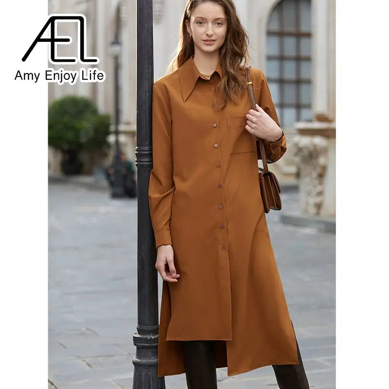 AEL Elegant Women Autumn Lapel Neck Long Shirt Dress Asymmetry Robe Femme Streetwear eprolo
