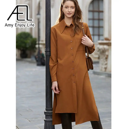 AEL Elegant Women Autumn Lapel Neck Long Shirt Dress Asymmetry Robe Femme Streetwear eprolo