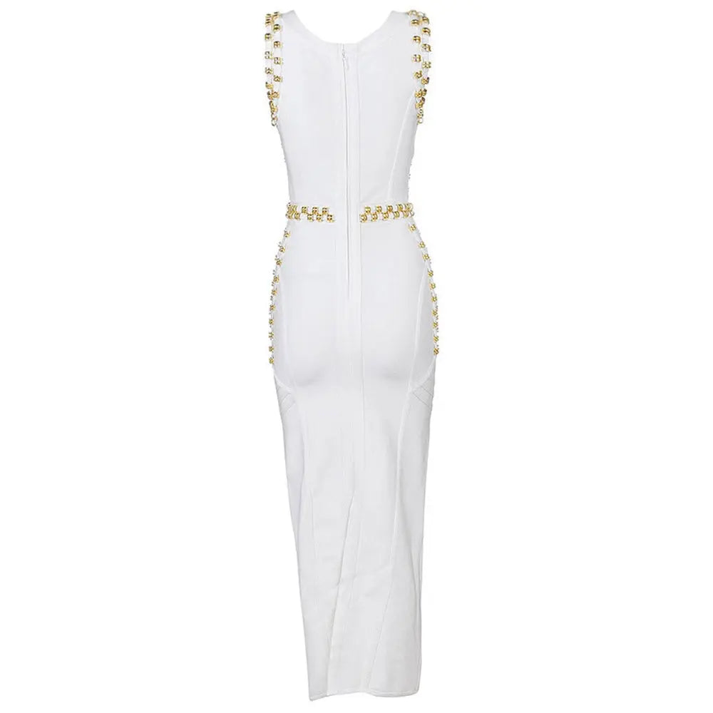 White Sleeveless Metal Ring Adorn Women's Bodycon New Fashion Midi Calf Bandage Dress eprolo
