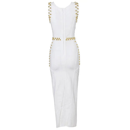 White Sleeveless Metal Ring Adorn Women's Bodycon New Fashion Midi Calf Bandage Dress eprolo