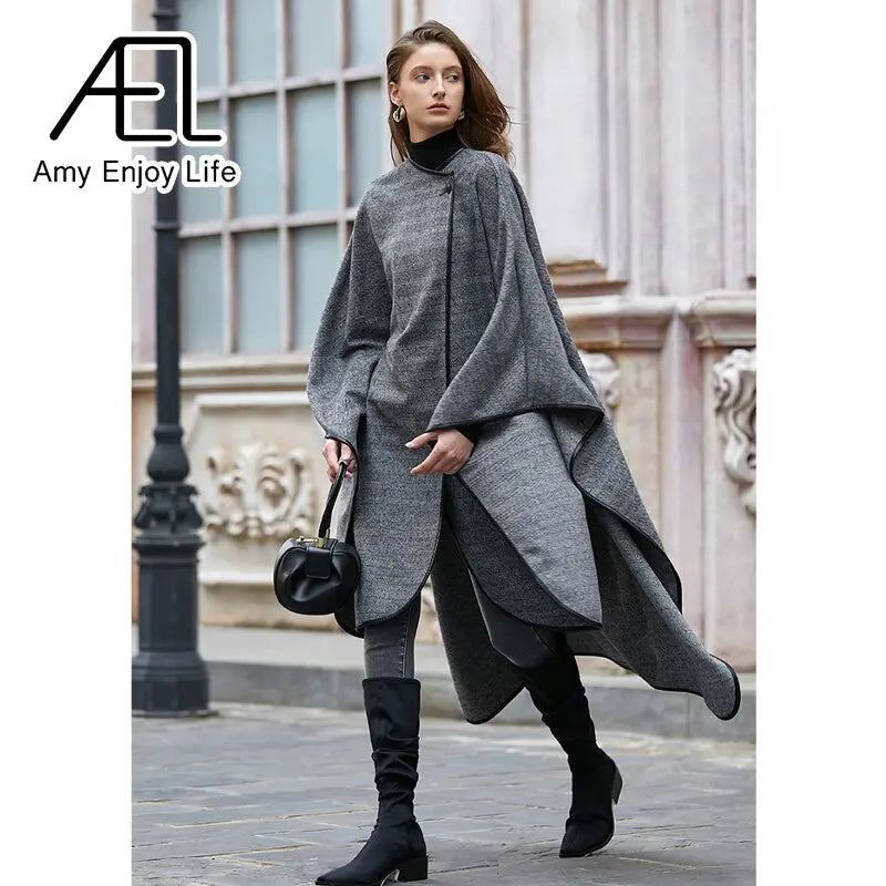 Medium Long Cape Style Street Woolen Coat New Herringbone Pattern Cloak Coat For Women In Winter eprolo