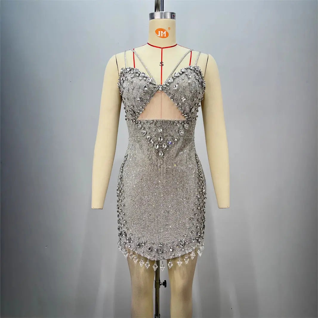 Fashionable Backless Strapless Fitted Mesh Beaded Casual Mini Bodycon Dress for Women eprolo