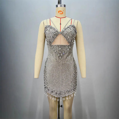 Fashionable Backless Strapless Fitted Mesh Beaded Casual Mini Bodycon Dress for Women eprolo