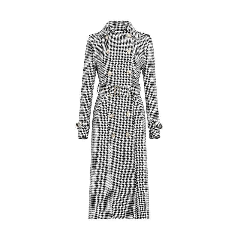 Winter Wool Long Coat Women Retro Houndstooth A-Line Trench Coats eprolo