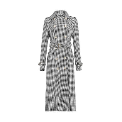 Winter Wool Long Coat Women Retro Houndstooth A-Line Trench Coats eprolo