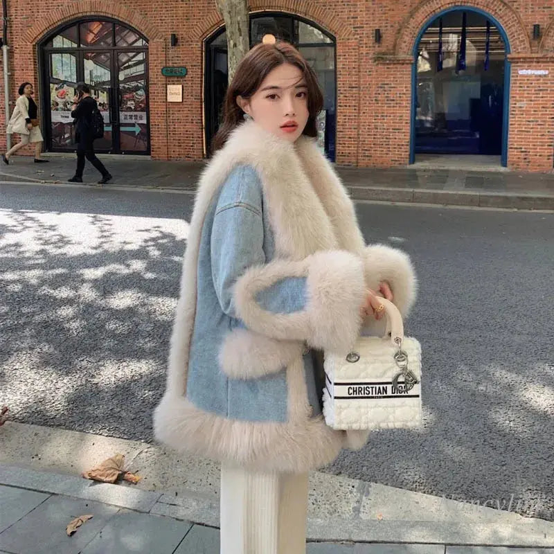Denim Fur Splicing Coat Women's Environmental Protection Imitation Fox Fur Winter Overcoats New Popular Mid-Length Coats eprolo