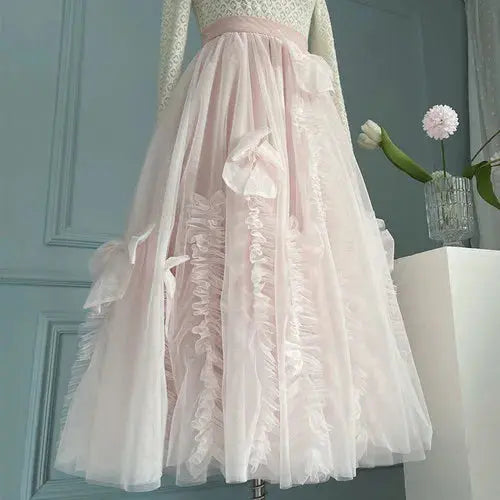 High-End Mesh Long Skirt Handmade Bow Gauze Skirt Fairy High Waist Slimming Umbrella Skirt Designer Model Skirt Evening Dresses eprolo